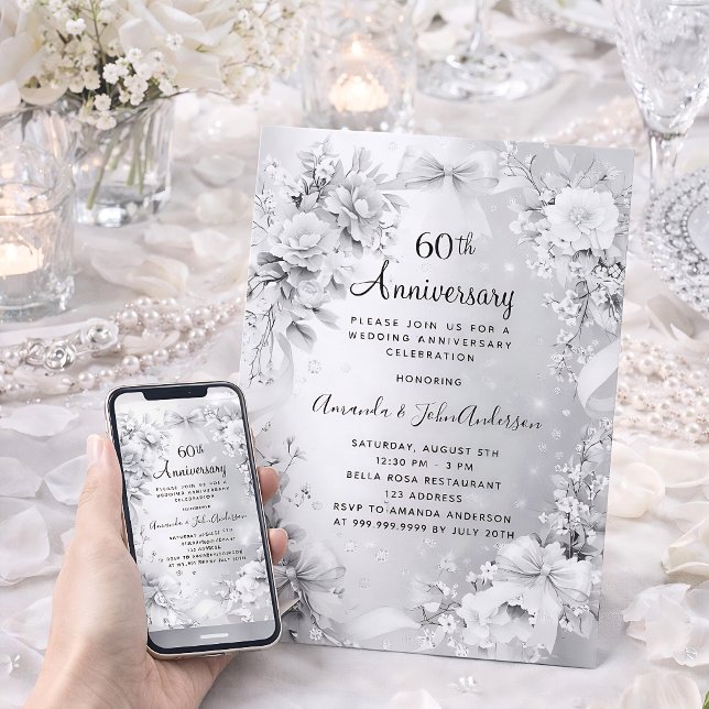 60-års bröllopsdag diamant silver blomsterbukett inbjudningar (Skapare uppladdad)