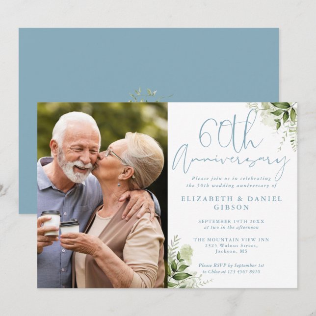 60-års bröllopsdag Greenery Blommig Foto Inbjudningar (Fram/baksida)