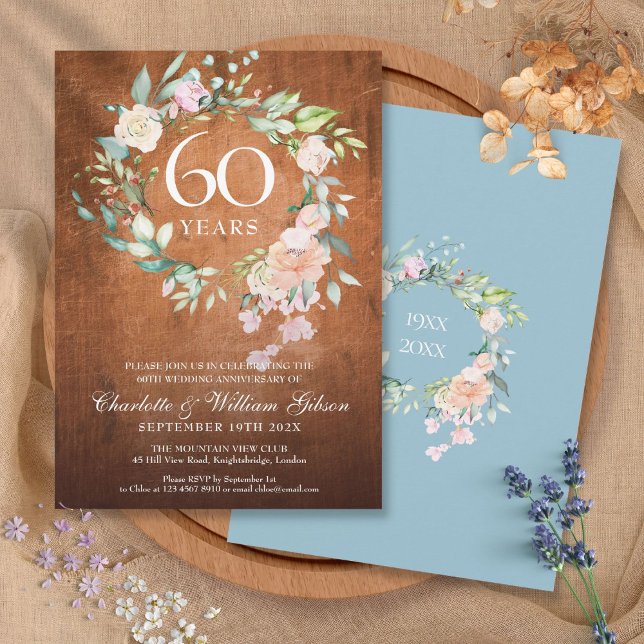 60-års bröllopsdag Rustik trädgårdsrosgarland Inbjudningar (60th Wedding Anniversary Rustic Wood Roses Garland Invitation)
