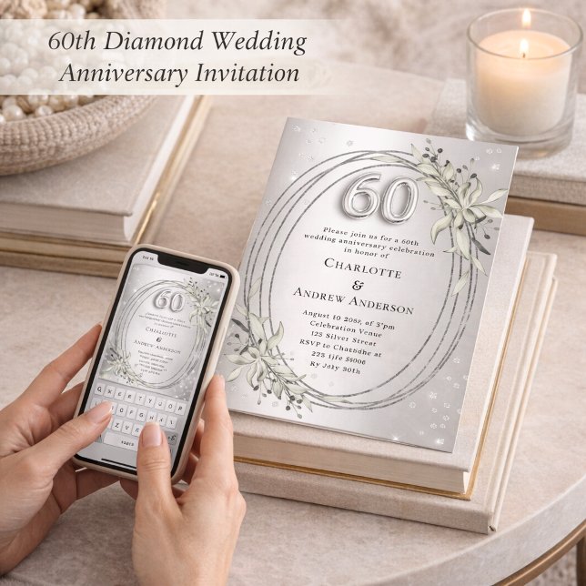 60-års bröllopsdag silver grönska diamanter inbjudningar (Skapare uppladdad)