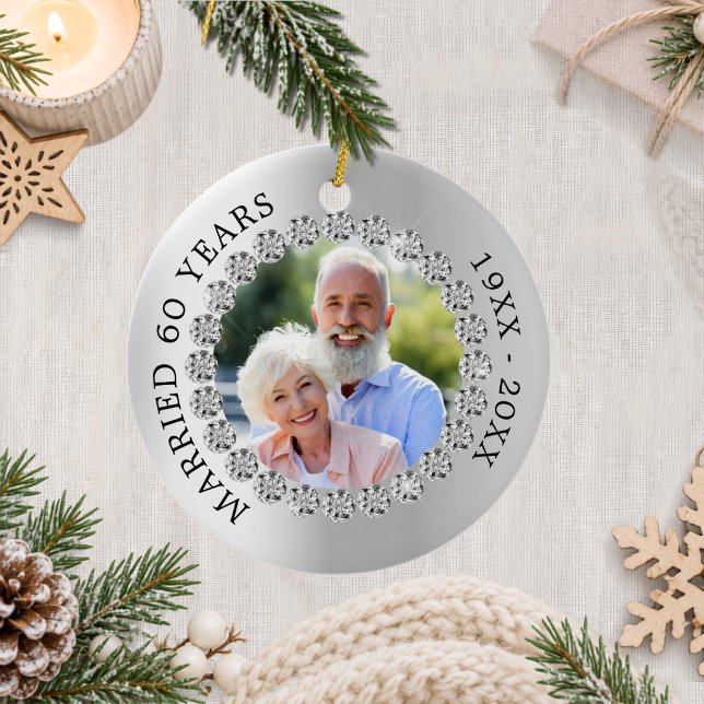 60-års bröllopsdag silverfoto diamanter julgransprydnad keramik (Skapare uppladdad)