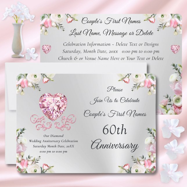 60-års bröllopsinbjudningskort inbjudningar (60th wedding anniversary invitations. Silver, Blush Pink Personalised, 60th anniversary invitations.)