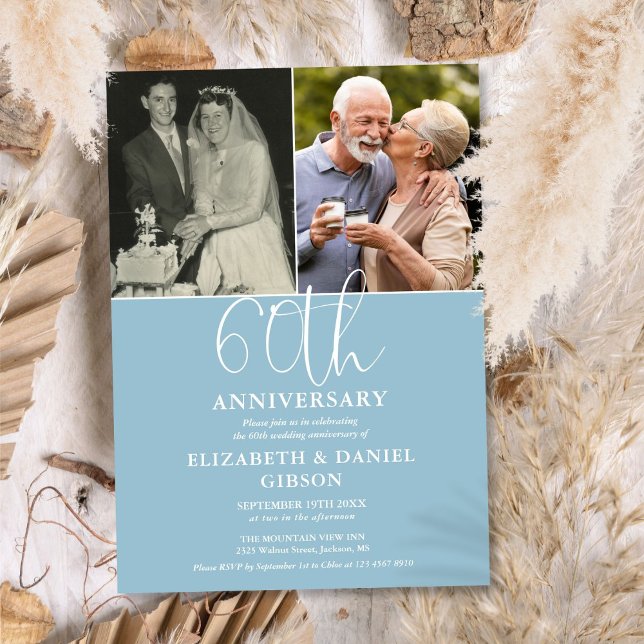 60-års bröllopsjubileum då och nu 2 bilder inbjudningar (60th Wedding Anniversary Then And Now 2 Photo Invitation)