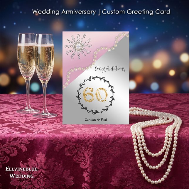 60-års bröllopsjubileum | Eleganta diamanter och p Kort (Double-sided 60th Wedding Anniversary. 100% editable with message inside. 5”x7”.)