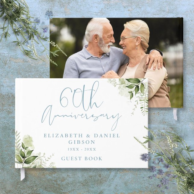 60-års bröllopsjubileum Grönska Blommig Foto Gästböcker (60th Wedding Anniversary Greenery Floral Photo Guest Book)