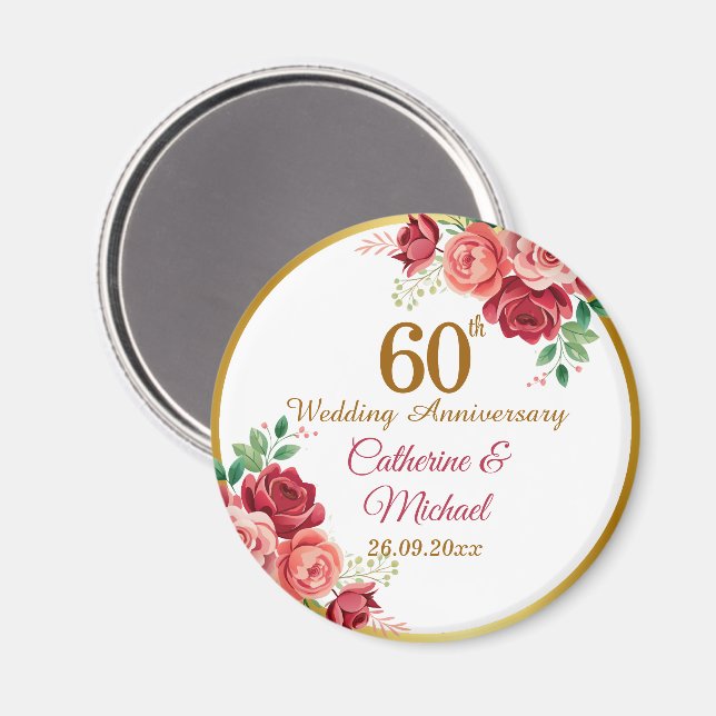60-års bröllopsjubileum Guld ram Blommig Magnet (Front/Back)
