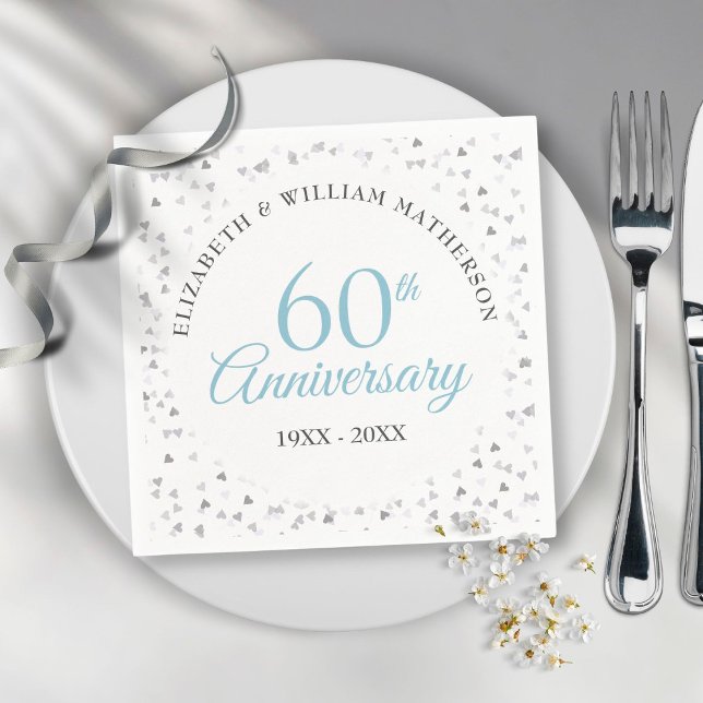 60-års bröllopsjubileum manus hjärtan konfetti pappersservett (60th Wedding Anniversary Script Hearts Confetti Napkins)