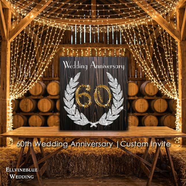 60-års bröllopsjubileum | Rustik trä & guld Inbjudningar (60th Wedding Anniversary Invite | Rustic Wood & Diamond Laurel. Size: 5.25” x 5.25”)