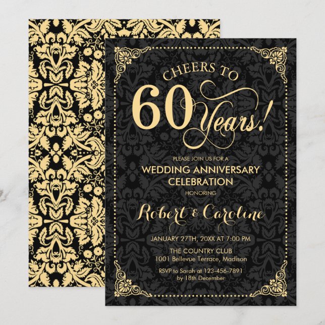 60-års bröllopsjubileum - Svart Guld Damask Inbjudningar (Fram/baksida)