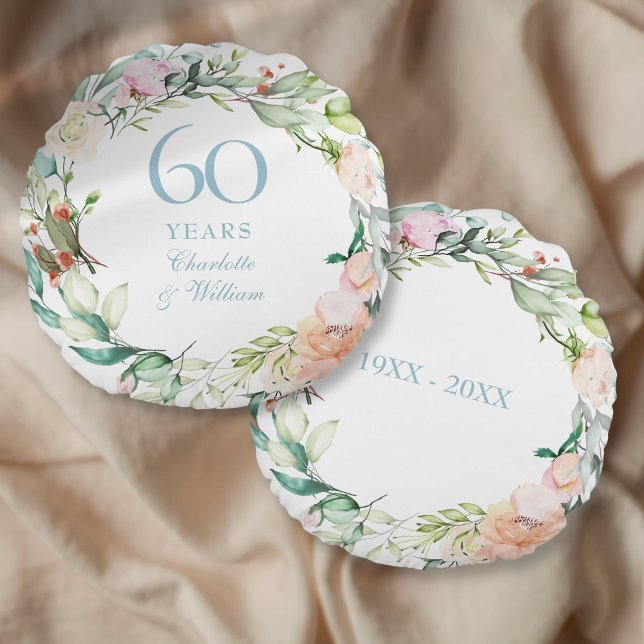 60-års diamantbröllopsdag rosenkrans  rund kudde (60th Diamond Wedding Anniversary Roses Garland Round Pillow)