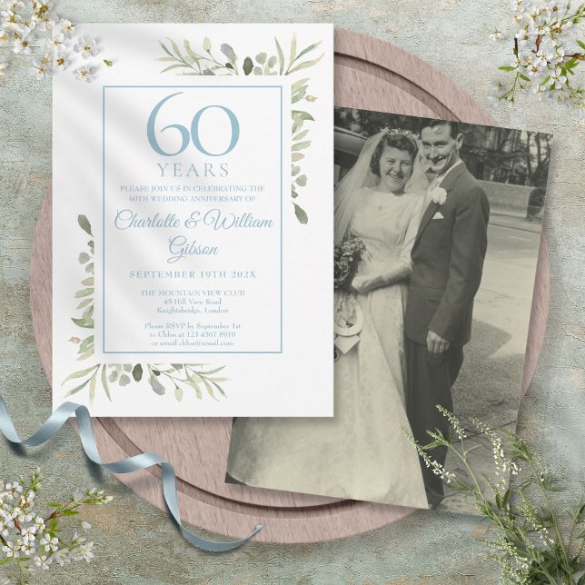 60-års diamantbröllopsfotografi Grönska Inbjudningar (60th Diamond Wedding Anniversary Photo Greenery Invitation)