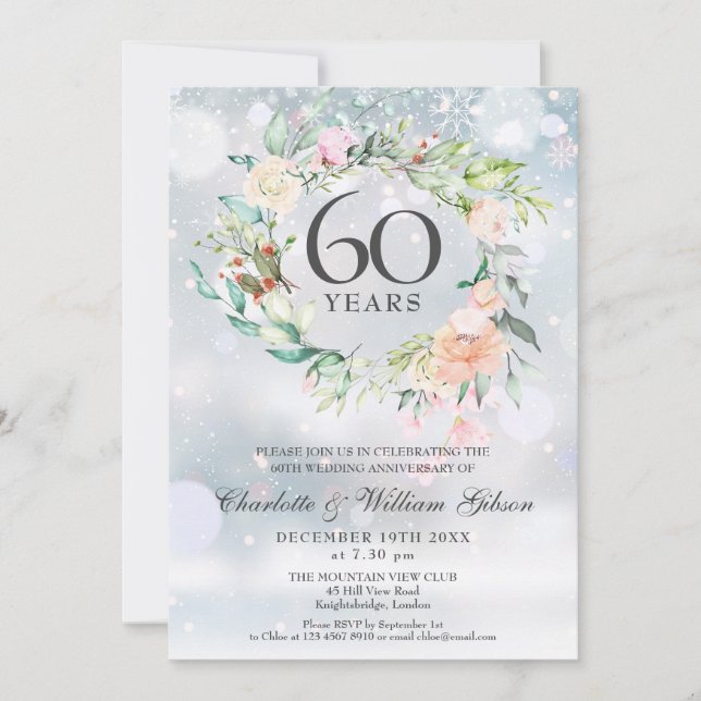 60-års diamantbröllopsjubileum Vinterblommor Inbjudningar (Framsida)