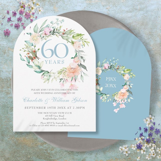 60-års diamantbröllopsrosor Blomsterbåge Inbjudningar (60th Diamond Wedding Anniversary Roses Floral Arch Invitation)