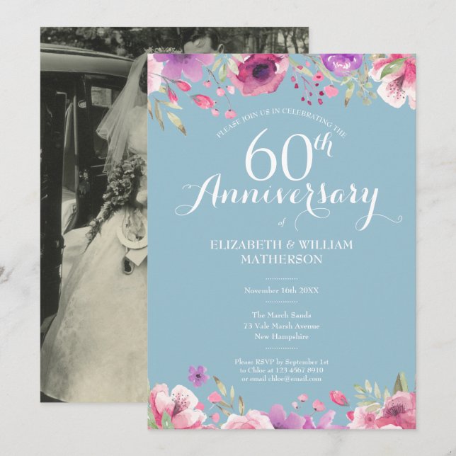 60-års diamantjubileum Bröllopsfoto blommor Inbjudningar (Fram/baksida)