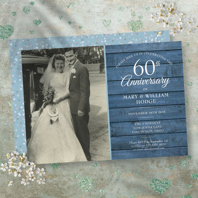 60-års diamantjubileum Foto Blå Rustik Inbjudningar (60th Diamond Wedding Anniversary Photo Blue Rustic Invitation)