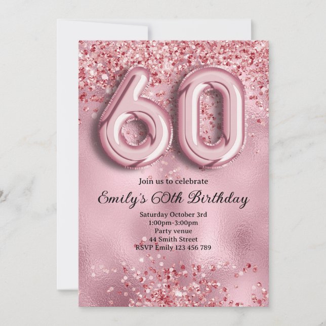 60-års födelsedag med rosa glitter inbjudningar (Framsida)