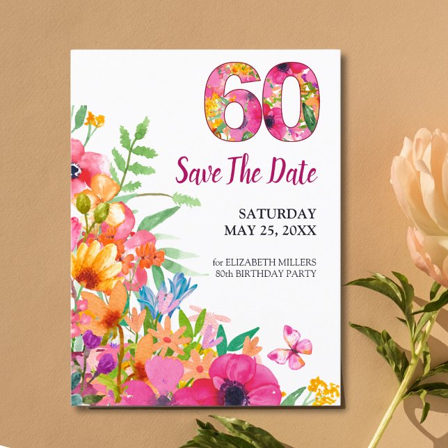 60-års födelsedags blommig modern Save The Date vy Meddelande Vykort (Skapare uppladdad)