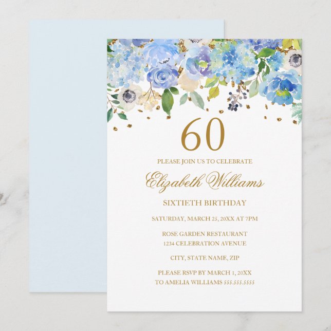 60-års födelsedags elegant blå guld blommig inbjud inbjudningar (Fram/baksida)