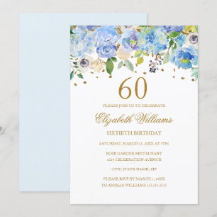 60-års födelsedags elegant blå guld blommig inbjud inbjudningar