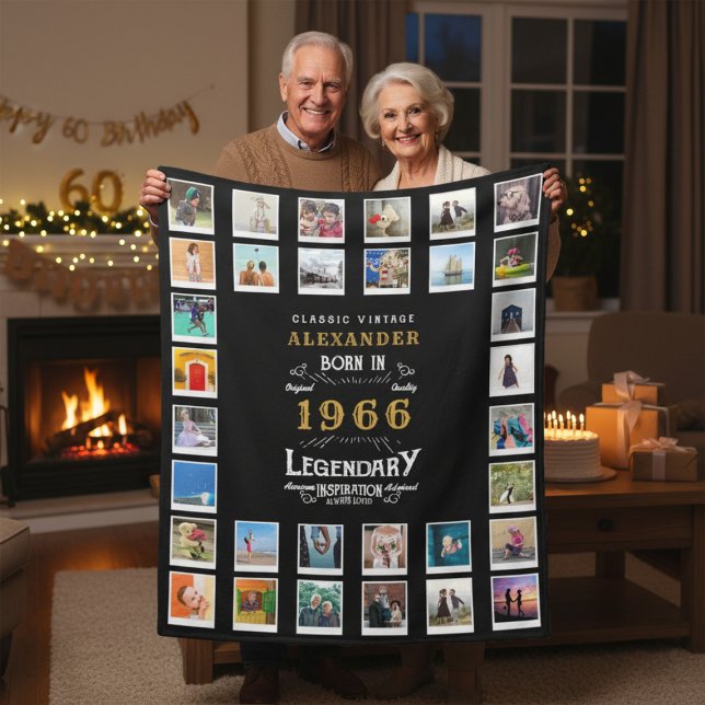 60-års födelsedags fotokollage far farfar fleecefilt (1996 fleece blanket held by an elderly couple in a room.)