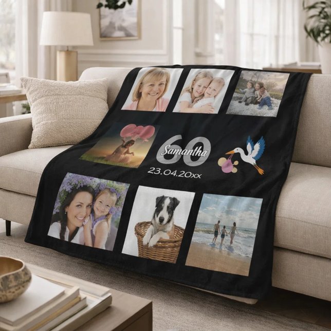 60-års födelsedags fotokollage svart fleecefilt (Skapare uppladdad)