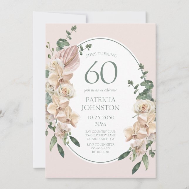 60-års födelsedags Tropisk Blomma Inbjudningar (Framsida)