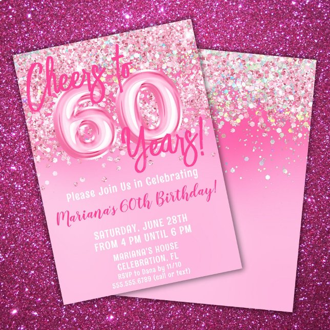 60-års födelsedagsfest med rosa glitter inbjudningar (Skapare uppladdad)