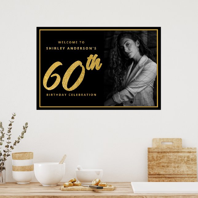 60-års födelsedagsfoto Svart Falskt Guldblad Elega Poster (Kök)