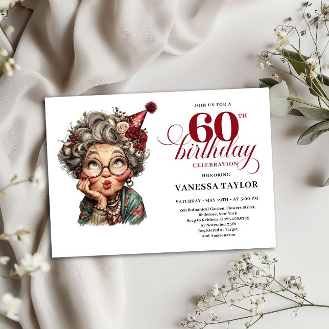 60-års födelsedagsinbjudan Humor Gammal dam Design Inbjudningar (60th Birthday Invitation Humor Old Lady Design)