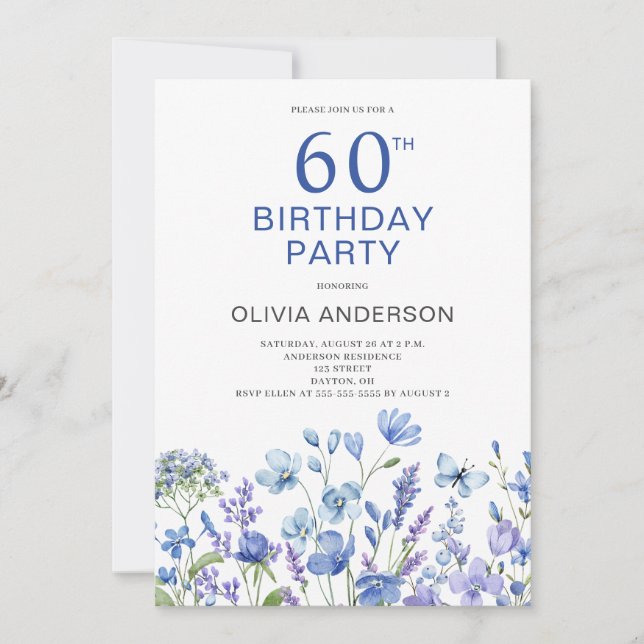 60-års födelsedagsinbjudan med blå blommor inbjudningar (Framsida)