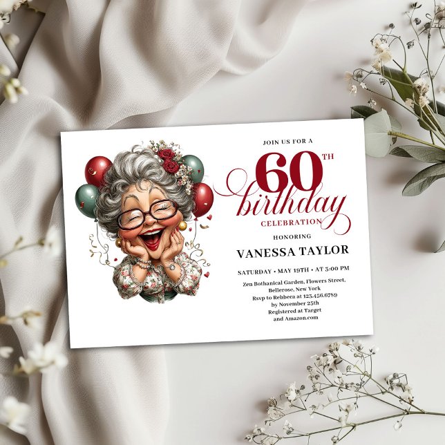 60-års födelsedagsinbjudan Rolig Dam Humor Tema Inbjudningar (60th Birthday Invitation Funny Lady Humor Theme)