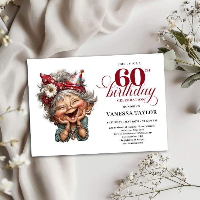 60-års födelsedagsinbjudan Rolig gammal kvinna des Inbjudningar (60th Birthday Invitation Funny Old Woman Design)