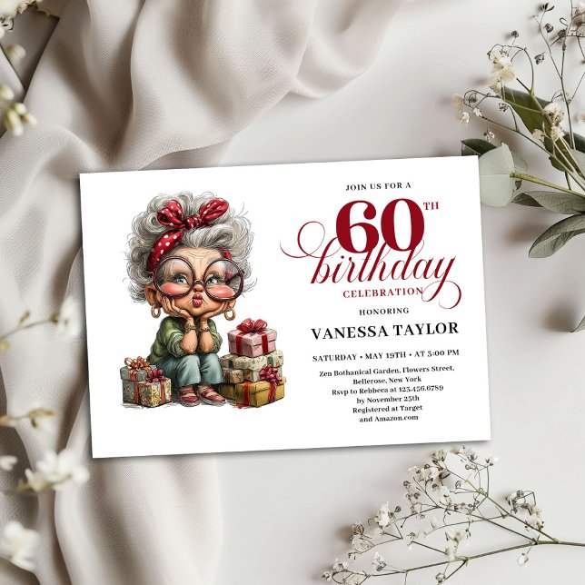 60-års födelsedagsinbjudan Roligt Särpräglat Gamma Inbjudningar (60th Birthday Invite Funny Quirky Old Lady Theme)