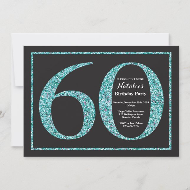60-års födelsedagsinbjudan Teal Glitter Chalkboard Inbjudningar (Framsida)