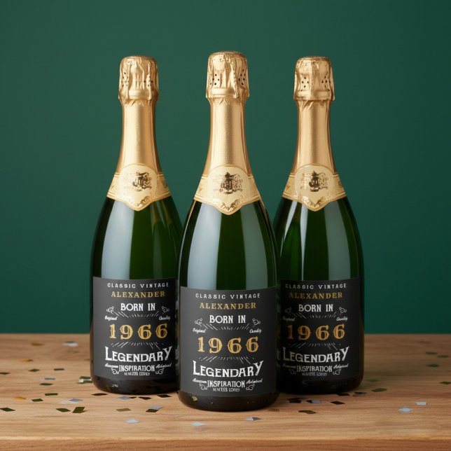 60-års födelsedagslegend Tillägga ditt namn 1966 V (Born 1966 sparkling wine bottle labels. Green background.)