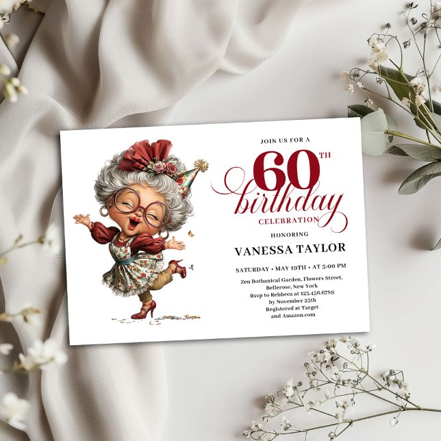 60-års inbjudan Rolig gammal dam humor (60th Birthday Invitation Funny Old Lady Humor Design)