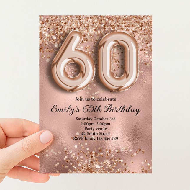 60-års Roséguld Glitter Födelsedag Inbjudningar (Skapare uppladdad)