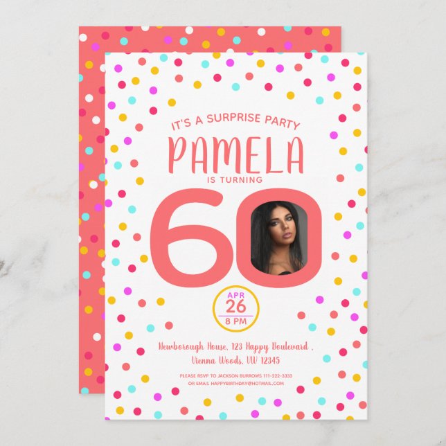 60-årsdag anpassningsbar foto levande korallkonfet inbjudningar (Fram/baksida)