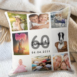 60-årsdag anpassningsbar fotokollage Kvinnor vit Kudde<br><div class="desc">En unik gåva till en 60-årsdag för en kvinna som firar sitt liv med en kollage av 8 av dina egna foton, bilder. Anpassa och lägg till hennes namn, 60 år och en dejt. En vit chic bakgrund. Grått och svart brev och nummer. Namn är skrivet med ett modernt handskript...</div>