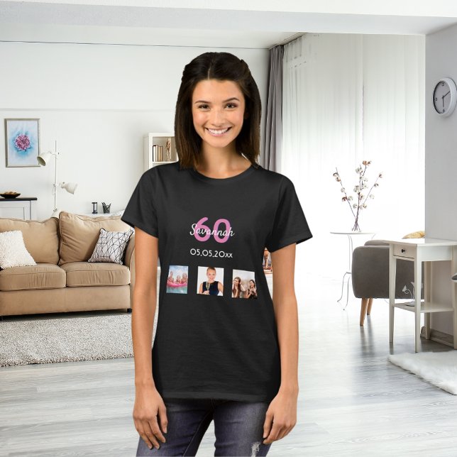 60-årsdag anpassningsbar rosa av foto-monogram t shirt (Skapare uppladdad)