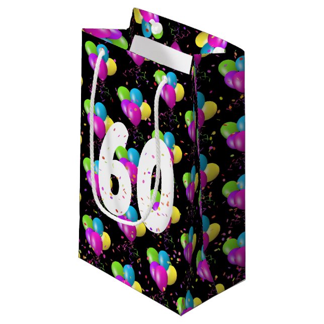 60-årsdag Ballonger och Konfetti Liten Presentpåse (Framsidan Vinklad)