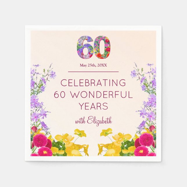 60-årsdag blommigt modern 60 år party elegant pappersservett (Framsidan)
