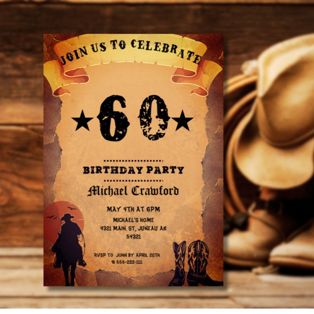 60-årsdag cowboygammal papper häst som rider party inbjudningar (Skapare uppladdad)