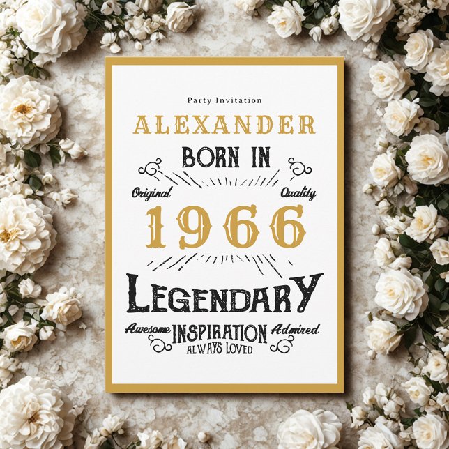 60-årsdag Född 1966 Vit Guld Legend Inbjudningar (Born 1966 birthday invitation.)