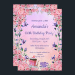 60-årsdag för inbjudan till tefest för rosa violet<br><div class="desc">Ett kort för elegant blommigt födelsedagsfest inbjudan för ett 60-årsjubileum te party eller trädgård,  bakgård party. Mallar för din information. En romantisk violett,  rosa och persikobakgrund,  lila brev. Med söt blå,  violett färgad,  vattenfärgade blåproppar och rosa och ro,  en rosa tekanna och lila te kopp.</div>