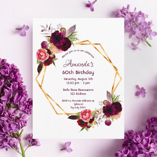 60-årsdag, invigning av burgundisk blommigt, vit i vykort