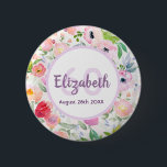 60-årsdag romantiska vattenfärgade rosa blommor knapp<br><div class="desc">En elegant tidlös sommar- och trädgårdsmagnet i en romantisk bohemi, boho stil under en 60-årsdag med mjuka pasteller och vattenfärgade blommor i rosa och persiko- och grönt löv. En ljusvit bakgrund. Mall för namn, ålder och datum. Namn är skrivet i lila med ett handskript i stil. Perfekt för party favors...</div>