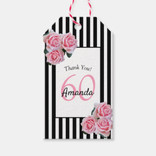 60-årsdag rosa blommigtar på svartvit rand presentetikett