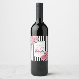60-årsdag rosa blommigtar på svartvit rand vinflaska etikett