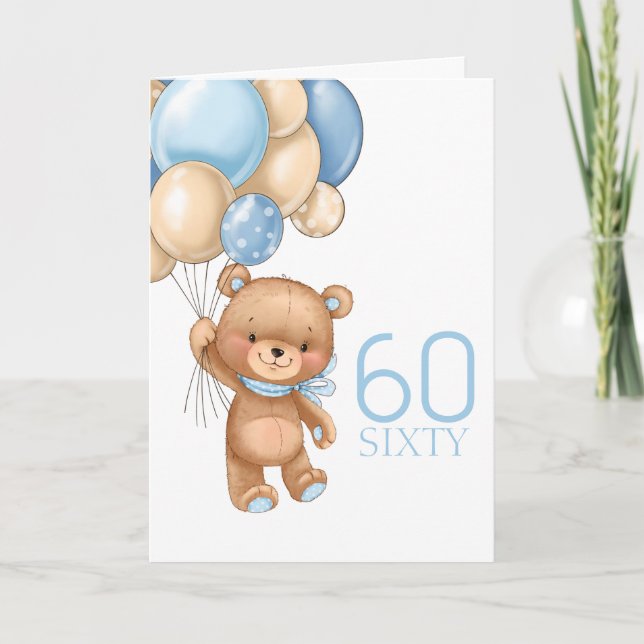 60-årsdag, söt blått ballonger, lekddykort kort (Framsida)